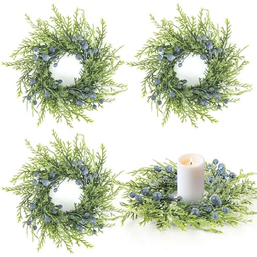 Image of 4 Pcs 3 inch Blueberry Candle Rings Spring Wreaths Mini Berries Table Centerpieces Wreaths Farmhouse Green Small Wreath for Pillars Kitchen Cabinet Front Door Porch Wall Decoration
