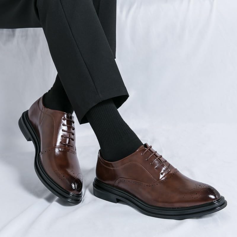 Dress Shoes for Men Lace Up Pointed Burnished Toe PU Leather Oxford Shoes Anti-Slip Rubber Sole Block Heel Prom4