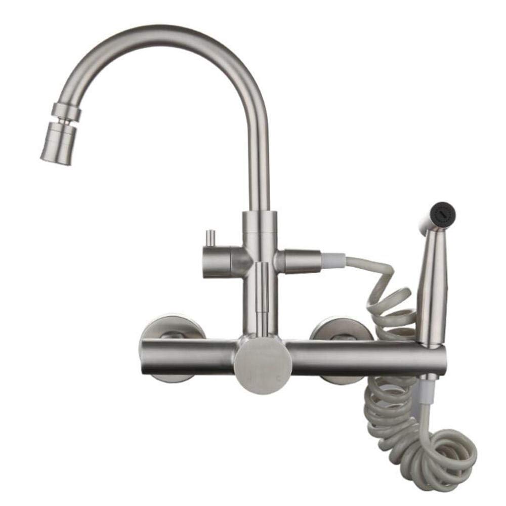 Grifo de Cocina de Pared Acero Inoxidable Trefilado Grifos Cocina con Pistola Frío y Caliente Boquilla 2 Modos Giratorio Grifo Fregadero Cocina-A