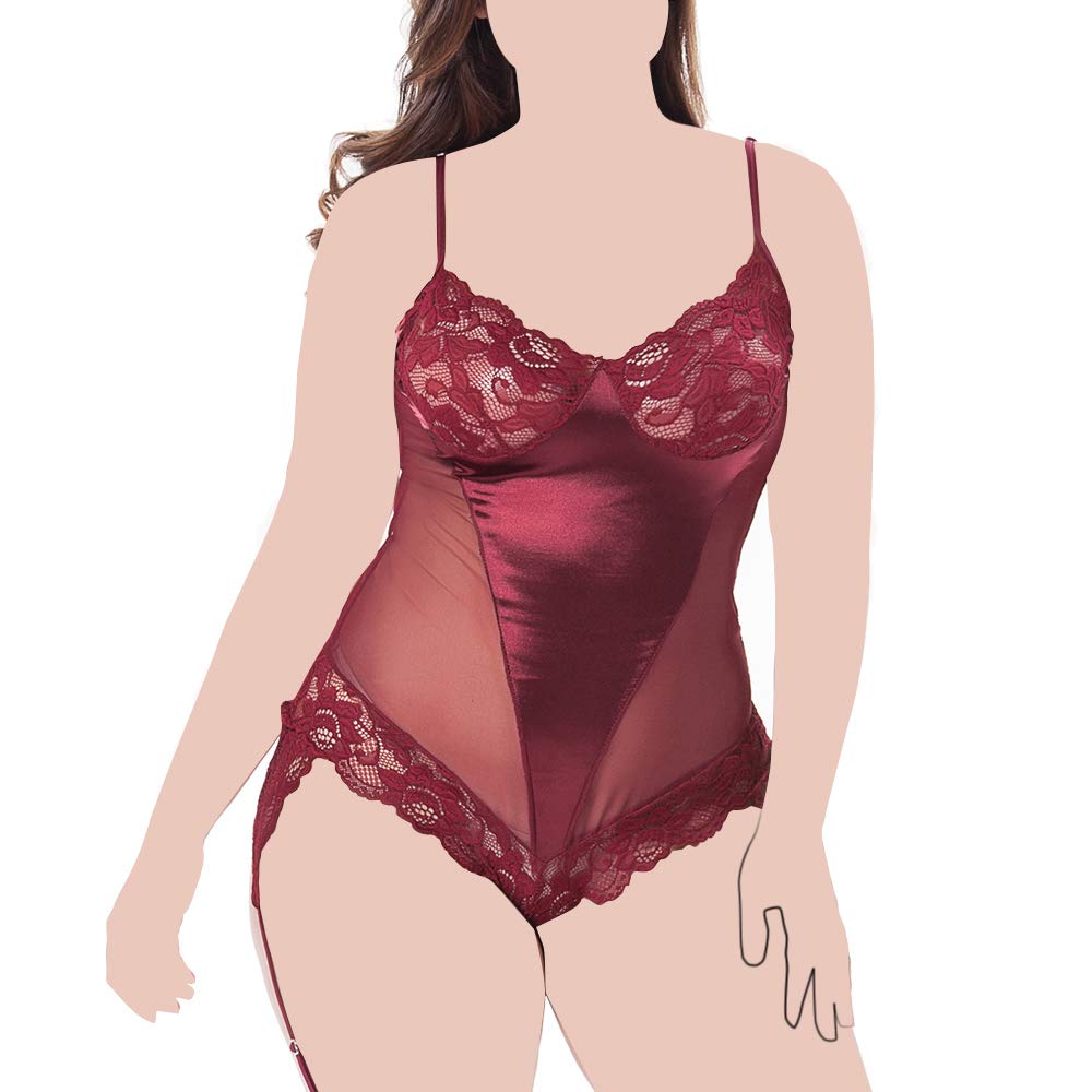 "N/A"Plus Size Lace Teddy Sleepwear, Halter Plunging One-Piece Snap Crotch Lingerie（Black-M）