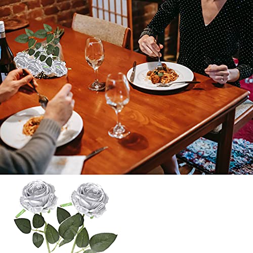 Justoyou 10 Pcs Artificial Roses Flowers, Realistic Blossom Roses, Real Touch Silk Rose, Single Fake Flower Long Stem Bouquets For Home Wedding Party Decoration (10Pcs, Silver) #TOP6