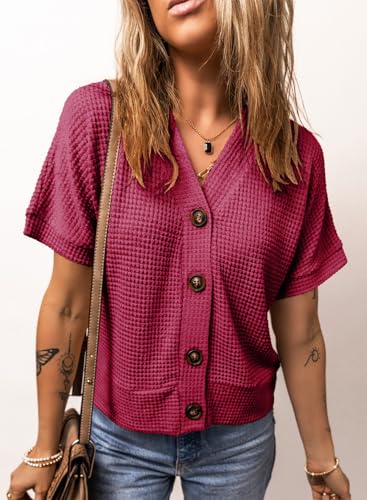 Image of Dokotoo Womens Summer Tops 2026 Waffle Knit Button Down Shirts | Trendy,V Neck,Loose Fit,Jacket,Short Sleeve,Summer Cardigan,Cropped,Shacket,Going Out Outfits,Dressy