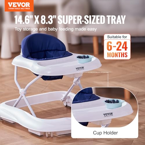 Image of VEVOR Baby Walker, Foldable Baby Walkers and Activity Center on Wheels, 3-Level Height Adjustable Toddler Infant Walker with Feeding Tray, Anti-Rollover Activity Walker Helper for Boy Girl 6-12 Months