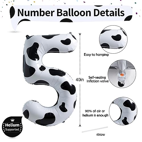 Image of Cow Print Number Balloons 5 for Kids, 40 Inch Foil Large Number 5 Self Inflating Balloon for Boys Girls 5th Birthday Decorations Farm Animal Theme Cowboy Cowgirl Theme Party Decoration Supplies