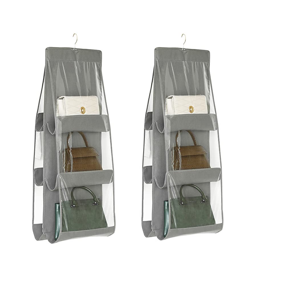 Shenhai Handbag Hanging Organizer, Foldable 6 Pocket Hanging Purse Organizer Handbag Storage Hanger for Family Closet Bedroom (2pcs Grey)