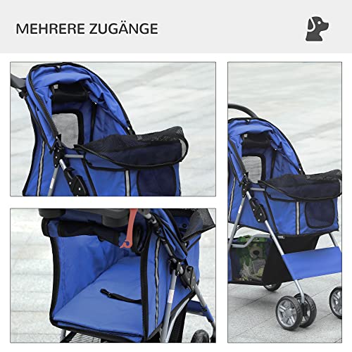 PawHut Hundebuggy, Hundewagen mit Regenverdeck, faltbarer Hundetrolley bis 10 kg, Katzenbuggy für kleine Hunde mit Netzfenster, Katzenwagen, Blau, 75 x 45 x 97 cm