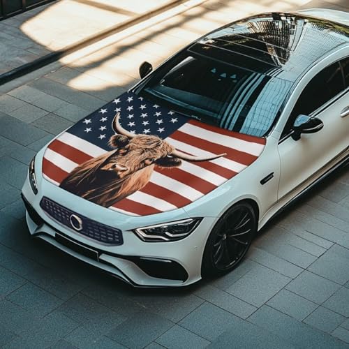 Image of Highland Cow Car Hood Cover, Car Bonnet Banner,American Flag Car Hood Cover Protector from Cats, Elastic Polyester, Stretchable, Waterproof Automotive Hood Covers