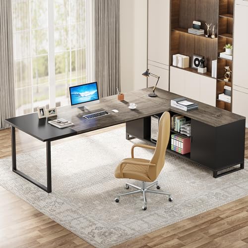 Image of Tribesigns 70.8 inch Executive Desk with 55 inch File Cabinet, Industrial L Shaped Computer Desk with Storage Shelves and Cabinet, Large L Shaped Executive Desk for Home Office, Retro Gray & Black