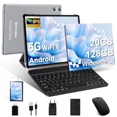 SKYEGG Tablet 10 Pulgadas Android 14 – 20 GB RAM + 128 GB ROM Ampliable a 1TB WiFi 6 5 GHz Octa-Core Widevine L1 GPS Cámara 8 MP + 5 MP USB-C – con Teclado Ratón y Funda – Gris Grafito