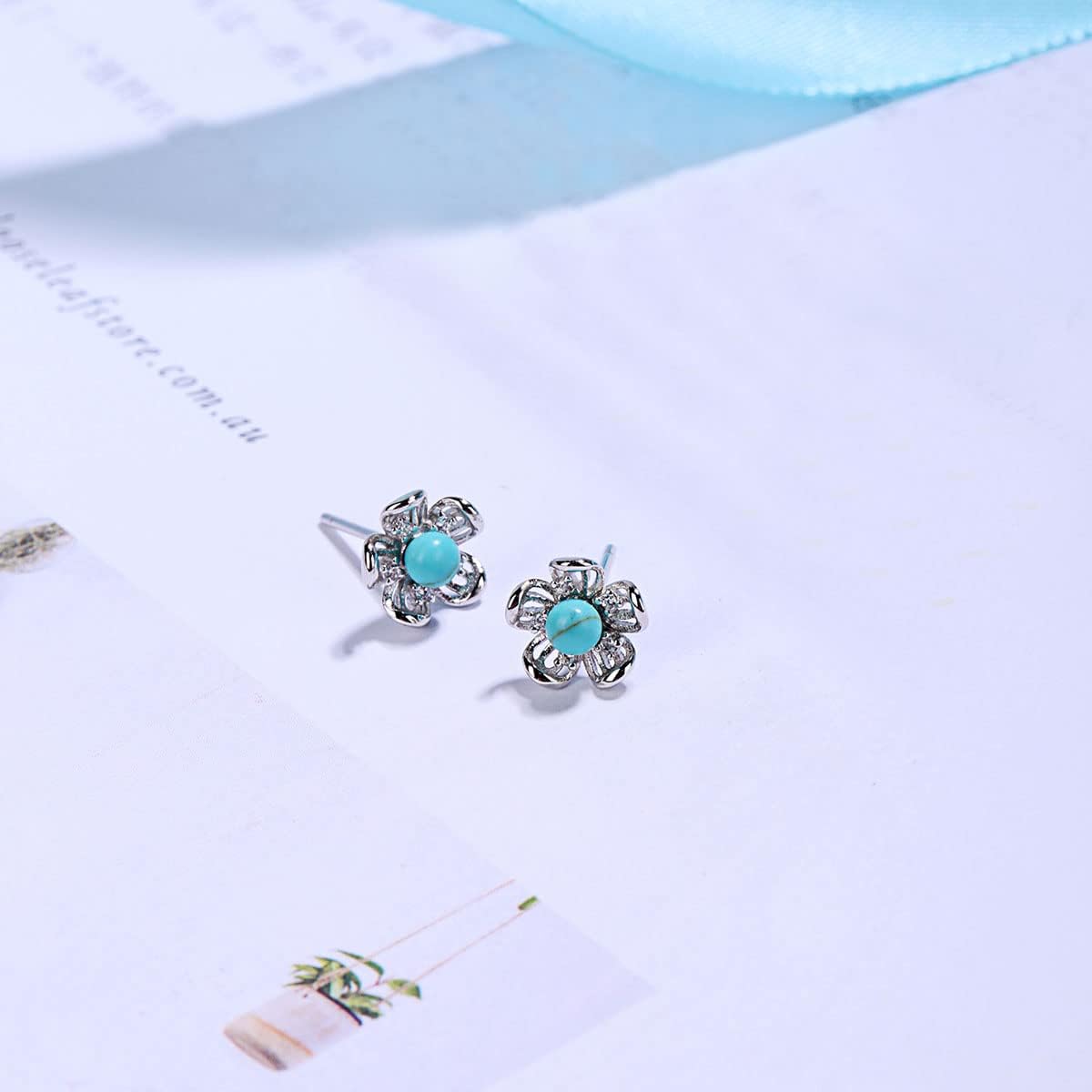 Colloca Turquoise Stud Earrings for Women, 925 Sterling Silver Earrings, Mini Flower CZ Stud Earrings, Jewelry Gift box Included - Image 4
