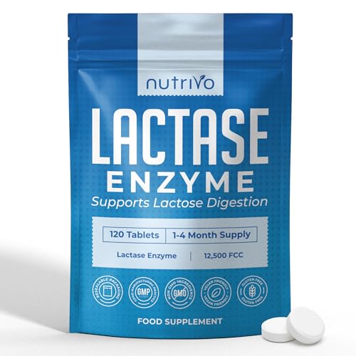Nutrivo Lactase Tablets | High Strength Lactose Intolerance Tablets 12 500 FCC | 1-4 Month Supply | Lactase Enzyme | Support Dairy and Lactose Digestion