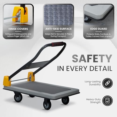 Image of Robustt 200 Kg Heavy-Duty Metal Foldable Platform Trolley (Grey) | Hand Truck with 360 Rotating Wheels & Cushioned Grip | Material Handling Cart for Home, Office, Warehouse & Industrial Use