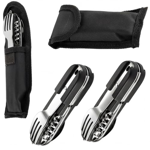 Dexpally Lot de 2 Couvert Camping Multifonction, Couteau Fourchette Cuillere 7 en 1 en Acier Inoxydable, avec Sac de Rangement - Multifonction pour Randonnée,...