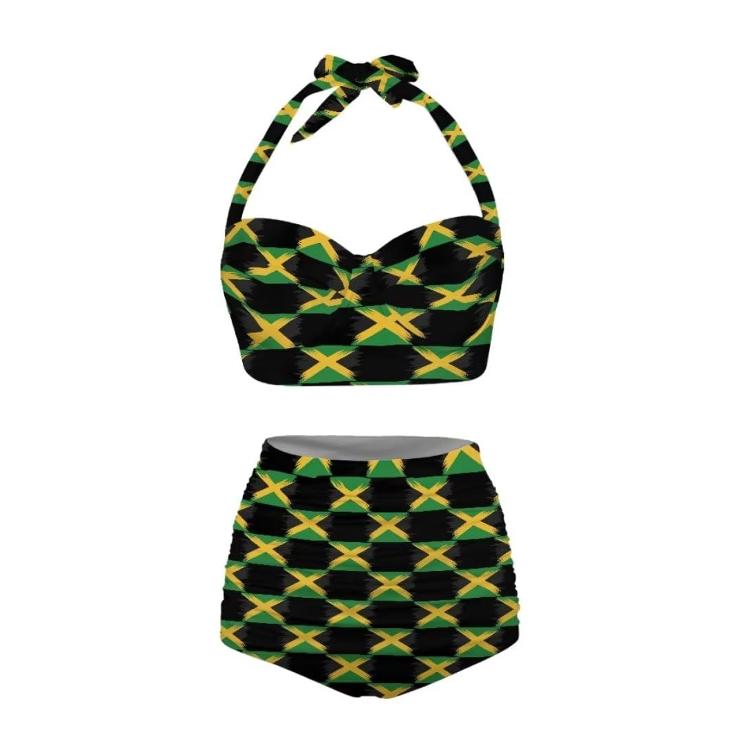 Youngerbaby Jamaican Flag Women's Chic Summer Beach Hot 2 Piece Halter Neack High Waist Padded Sexy Swimsuit Plus Size 2XL