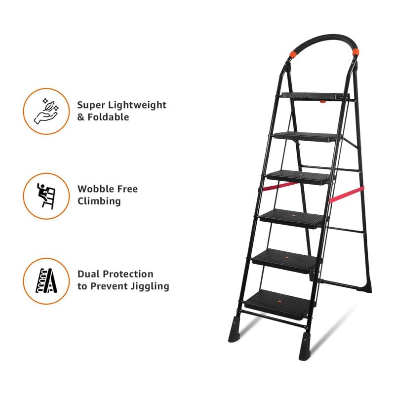Image of TNT THE NEXT TREND Carbon Steel Cameo 6 Step Heavy Duty Foldable Step Ladder With Anti-Skid Shoes And Extra Strong Wide Steps (Black)
