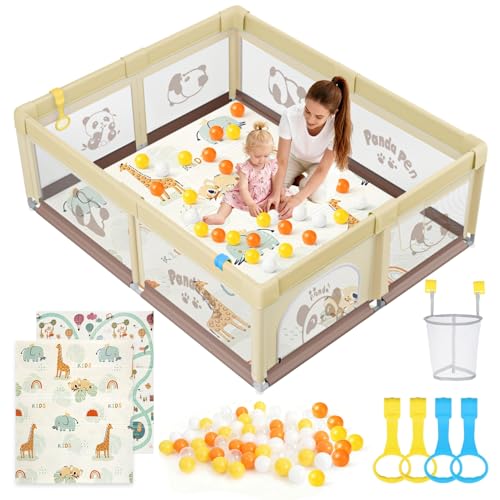 SOFTHOM Parque infantil con colchón, 180 x 200, parque infantil con red transpirable y fondo antideslizante, centro de actividades seguro y estable para niños con 60 pelotas oceánicas, 4 anillas de