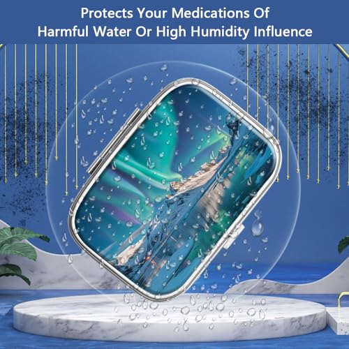 Image of Pill Box 2 Compartment Small Pill Case,Portable for Pocket or Purse Pill Organizer Pill Container Holder to Hold Vitamins, Medication, Fish Oil and Supplements(Aurora Lights)