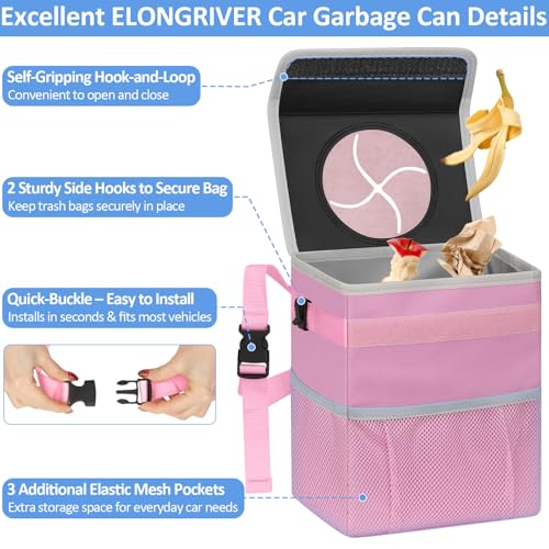 Image of ELONGRIVER Car Trash Can Bin for Back Seat Leak Proof, Cute Car Trash Bag Hanging, Vehicle Trash Can for SUV Truck Van, Automotive Garbage Cans Front Seat Pink