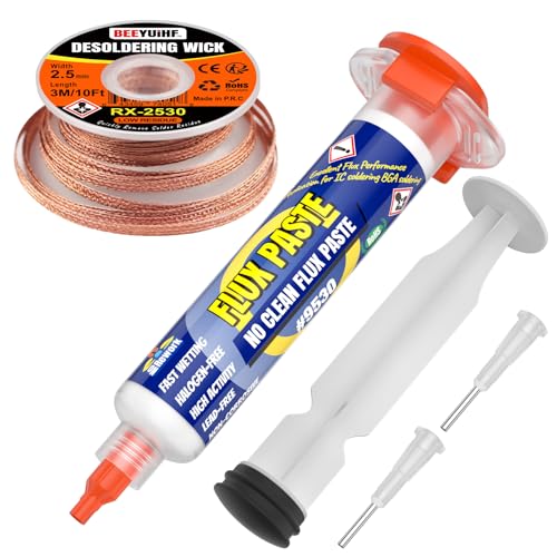BEEYUIHF 10mL Rosin Soldering Flux with Solder Wick Braid 3M/10ft 2.5mm for Electrical BGA PCB LED SMD Soldering Kit