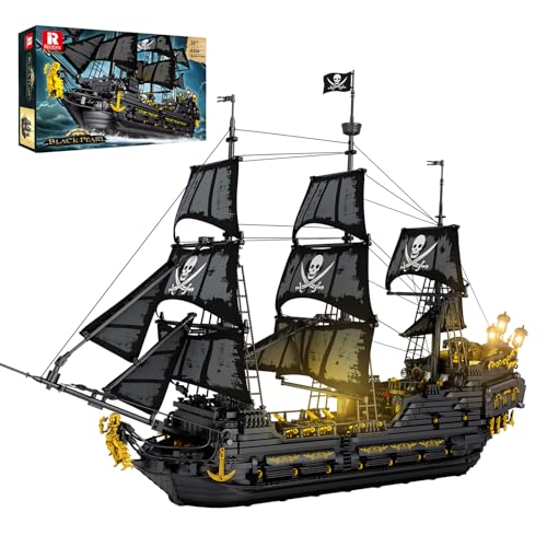 Reobrix 66036 Bateau Pirate Black Pearl avec LED, Grande Maquette de Bateau à Construire, Aventure du Navire Fantôme Cadeau Saint-Valentin pour Adultes, Adolescents,...