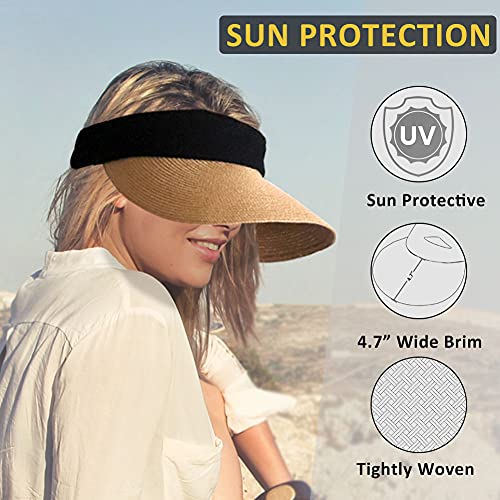 Women Straw Sun Visor Hat Wide Brim Summer Uv Protection Beach Cap Foldable Packale Korean Style Khaki #TOP4