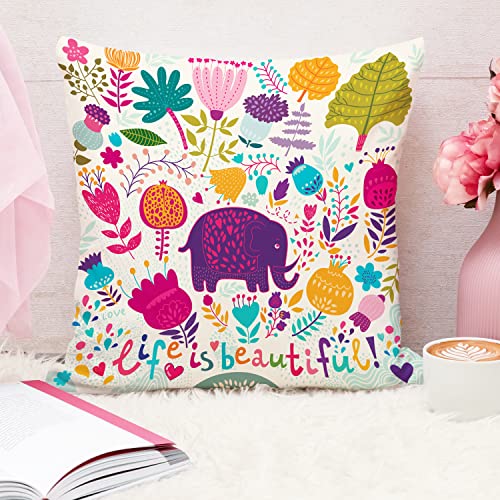 STITCHNEST Unique Cute Elephant Cartoon Blue Printed Canvas Cotton Cushion Covers, Set of 5 (16 x 16 Inches) 7