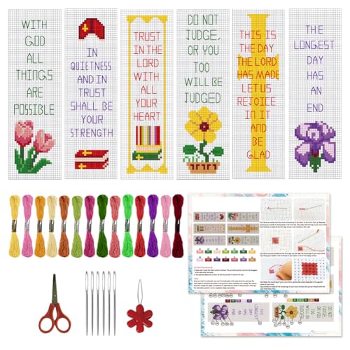 ORIGACH 6 Pcs Cross Stitch Bookmark Kit for Beginner with Backing Felt Floss Instruction Bible Verses Stamped Embroidery Bookmark Kit for Starters Adults Book Lovers
