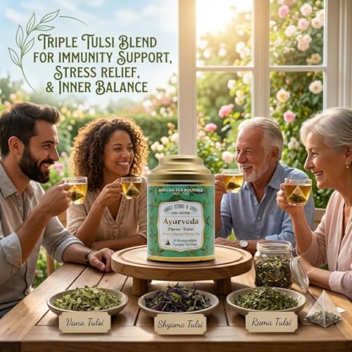 Image of Sancha Tea Boutique, Ayurveda Tulsi Blend - Rama, Shyama & Vana Tulsi, 25 Pyramid Bags x Pack of 2, Caffeine Free Herbal Tisane, Traditionally Valued for Balance & Wellness