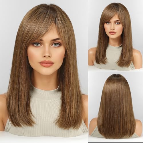 Image of KKU 16 Inch Ombre Brown Human Hair Wigs for Women, Straight Human Hair Wig with Bangs,Remy Human Hair Wigs,Daily Wig