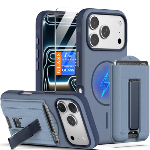 Image of Nvollnoe for iPhone 17 Pro Case with Card Holder & Screen Protector, Compatible with Magsafe, Built-in Kickstand, Detachable Magnetic Wallet Case for iPhone 17 Pro(Blue)