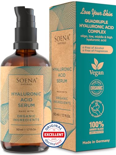 Organic Hyaluronic Acid Serum for Face | Best Hyaluronic Acid (Oligo) + 4 Hyaluronic Sizes – Highly Dosed | Hydrating Serum – Aging-Aging Moisturizer – Fragrance-Free | Made in Germany