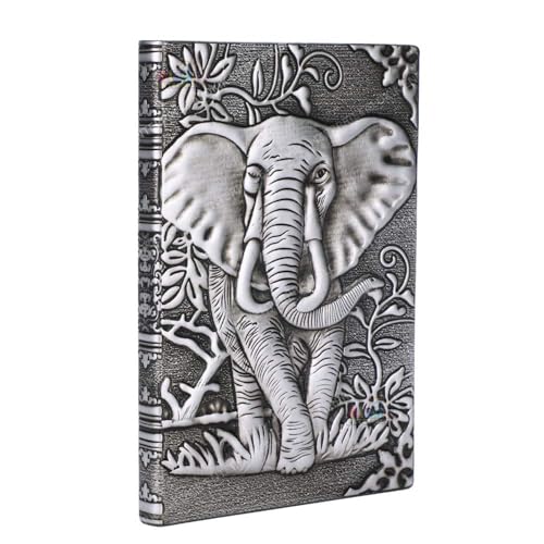 Image of Alokik 3D Silver Elephant DND Vintage Leather Journal Writing Notebook with 200 Pages A5 Journal Diary,Antique Handmade Leather Diary,Travel Diary&Notebooks to Write in,Diary Gift for Men Women