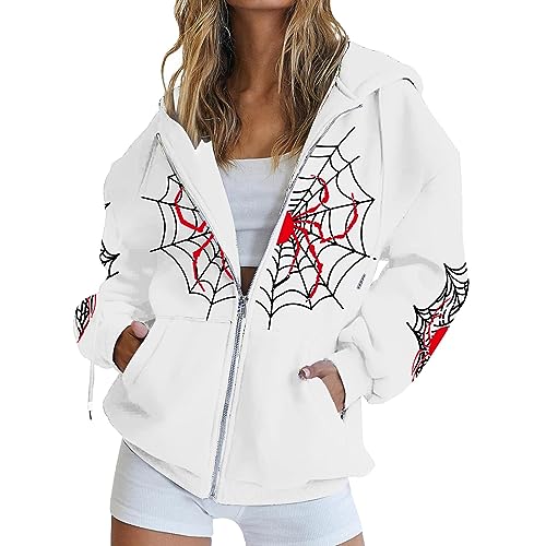 Sudadera con capucha personalizada para mujer, sudadera con cremallera frontal en el Reino Unido, blusa de gran tamaño, estampado de telaraña, chaquetas de color sólido, camisetas de manga larga, ropa