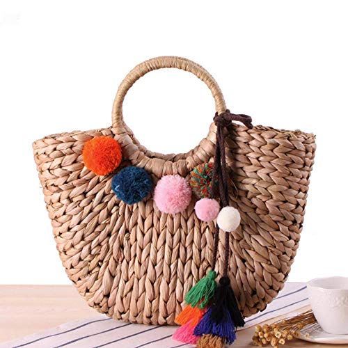 Image of YYW Straw Bags for Women, Large Hand-woven Straw Bag Round Handle Ring Tote Retro Summer Beach Bag