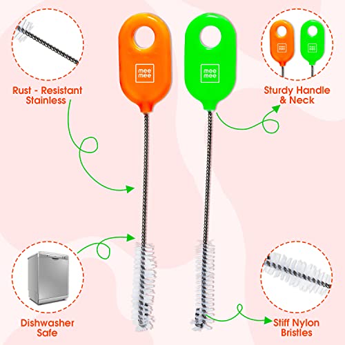 Image of Mee Mee Straw & Teat Cleaning Brush (Green /Orange) (Pack of 2, with Easy Grip)