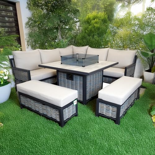 Furnishings For Less UK L Shaped 9 Seater Beige Wooden Rattan Patio Set With Square Fire Pit Table Outdoor Seating (No - Rain Cover)