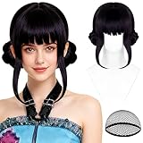 rookea Short Black Purple Wig with 2 Buns for Women, Cosplay Wigs with Bangs Halloween Costume Party Synthetic Two-Bun Hair Style for Adults Women Men