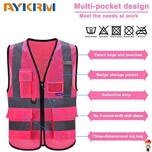 Image of High Visibility Mesh Vest, Clear ID Pocket, Zipper, Pink, 4XL-5XL | Pink 4XL-5XL breathable mesh vest with reinforced zipper pockets, clear PVC ID holder and mic tabs for volunteer events.