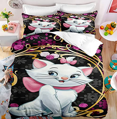 Agkingsky Housse de Couette Cats Parure de lit Fille,Blanc et Rose,140x200 Parure Housse de Couette Enfant +taie d'oreiller 75x50 Cm (4,140x200cm+75x50cmx1) Cover