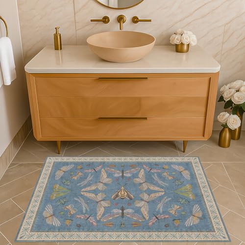 Dusty Blue Bathroom Rug 2x4 - Aqua Blue Rug for Entryway Indoor Entrance, Kitchen Floor, Washable Low Pile Stain & Fade Resistant, Waterproof Insect Floral Decor 2' x 4' (Rectangular) Blue