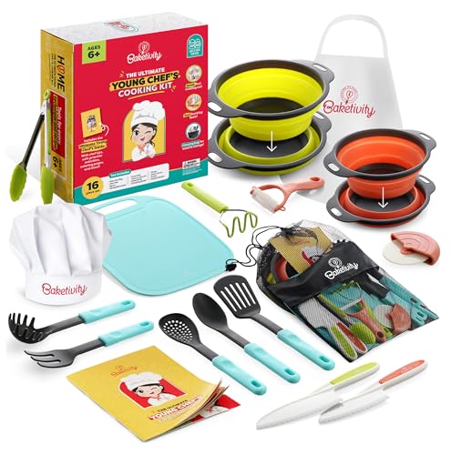 Image of Baketivity Kids Cooking Set Real Utensils With Kitchen Tool Guide - Complete Junior Cooking Set Gift For Girls Or Boys With Mixing Bowls, Cutting Board, Knife, Apron - Kids Baking Set For Real Cooking
