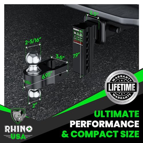Image of Rhino USA Adjustable Trailer Hitch (2-Inch Receiver) - Heavy Duty Aluminum Tow Hitches with 8-Inch Drop /Rise for Truck (12,500 LBS GTW) - Weatherproof Double Anti-Theft Locking Hitch Pins (Black)