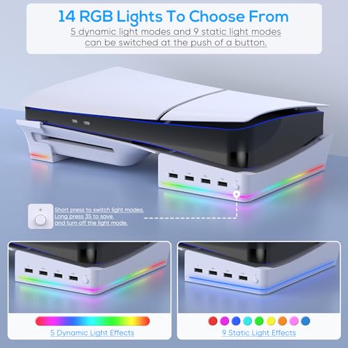 Image of FASTSNAIL Horizontal Stand with RGB LED Light for New PS5 Slim Console,Stand Holder Accessories with 14 Light Modes and 4-Port USB Ports, Non-Slip Base for PlayStation 5 Slim Disc&Digital Edition