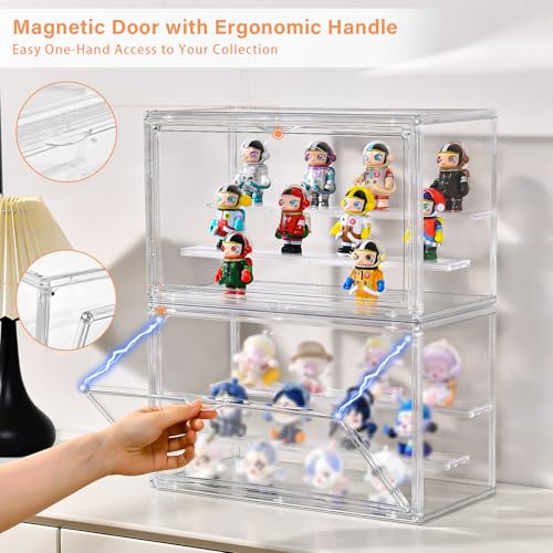 Image of Freebat Clear Acrylic Display Case for Collectibles - 3-Tier Adjustable Figure Display with Magnetic Door & Removable Shelves,Stackable Dispaly box for Figures - 2 Pack
