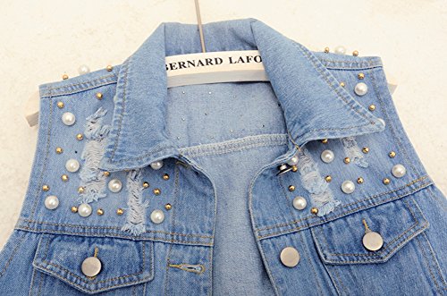 Lifeshe Womens Sleeveless Beading Pearls Denim Jean Cropped Vest Jacket #TOP2