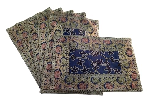 Image of Brocade Silk Placemats for Dinning Table 12 x 18 Inches Hand Embroidered, Set of 6 Decorative Placemats for Home (Navy Blue)