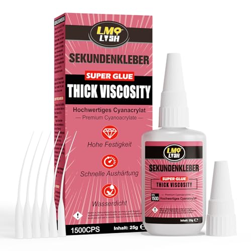 Sekundenkleber extra stark, 25g, Cyanacrylat(CA) Kleber, Superkleber extra stark für alles, Inkl.Anti-Verstopfungskappe und dünnen Aufsetzkanülen, Sekundenkleber flüssig - Dickflüssig 1500 CPS