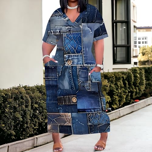 Image of SUZONANA Plus Size Denim Print Shirt Maxi Dresses for Curvy Women Casual Blue Jean Summer Outfits Long Short Sleeve Dress with Pockets Patchwork 4XL