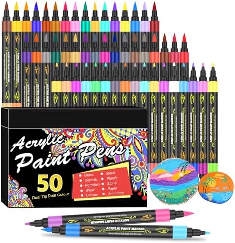 Amamao 100 Colors Acrylic Paint Markers Pens Set,50 Pack Dual Tip Acrylic Paint Markers with Brush Tip and Fine Tip for Rock Painting Fabric Plastic Wood Canvas Stone Glass Paper DIY Craft Supplies