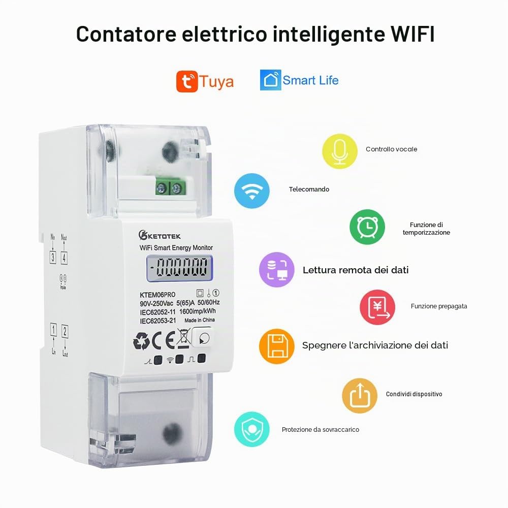 KETOTEK Contatore Energia Elettrica WiFi Bidirezionale su Guida DIN, Contatore di Elettrico Intelligente Monofase 5(65) A 90-250V, Misuratore di Consumo Alexa Google Assistant Compatibile
